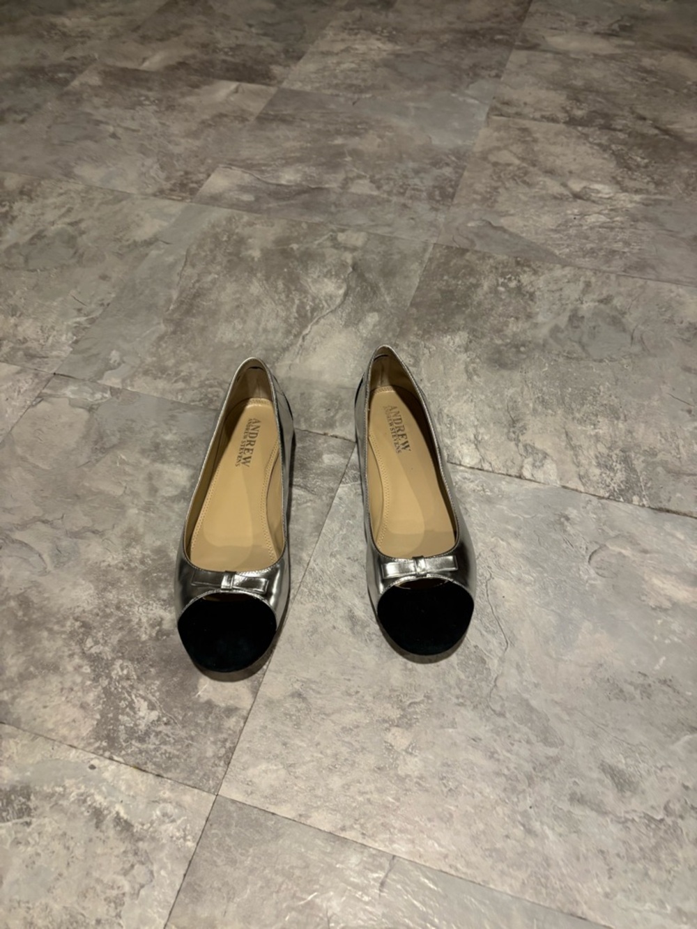 Andrew Stevens Silver Flats with Suede Black Toe Cap
and Back